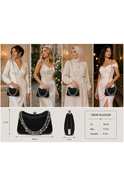 womenacs Black Color Laser Fabric Wavy Glitter Black Evening Dress Clutch Cha...