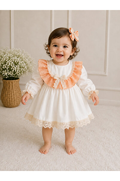 Elwirababyboutiqe rochie portocalie crem cu guler festonat
