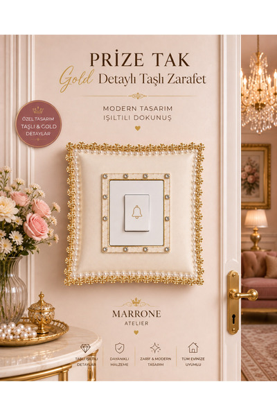 Marrone Priz Çerçevesi Kapı Süsü Zil Süsü Gold Taş Detaylı Anahtar Çerçevesi
