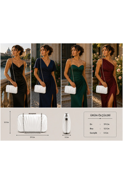 womenacs Silver Color Satin Fabric Pleated Model Evening Dress Portfolio Clut...