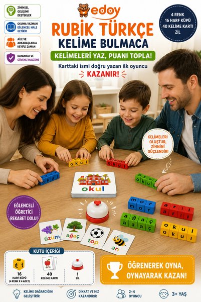edoy Montessori Eğitici Oyun - Rubik Türkçe Bulmaca Oyunu - Harfleri Tanımak için Eğlenceli Çözüm