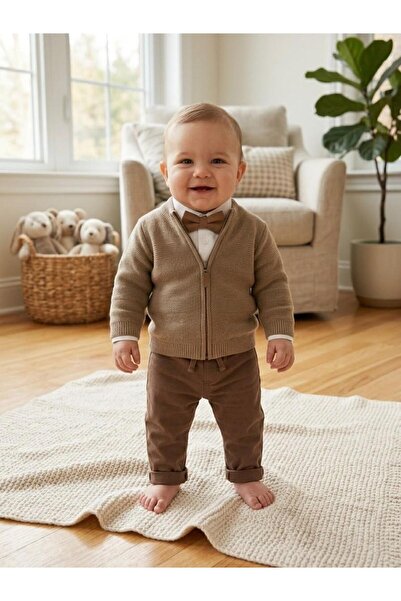 Efemkids Cardigan+Bow Tie+Linen Pants 3-Piece Baby Boy Suit with Elastic Wais...