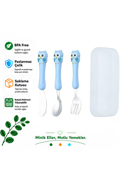 jojobebek Blue-Owl Figured Premium Children's Bpa Free Stainless Steel Fork-S...