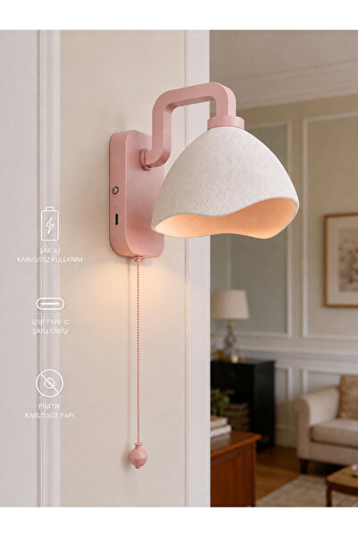 Limon 3D Desing Lunera Şarjlı Pembe Kablosuz Beton Görünümlü Duvar Apliği LED...