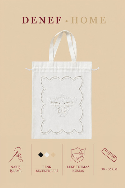 Denef Home Kelebek - Çok Amaçlı Çanta Delik İşi Krem - 30x35 cm 1 Adet
