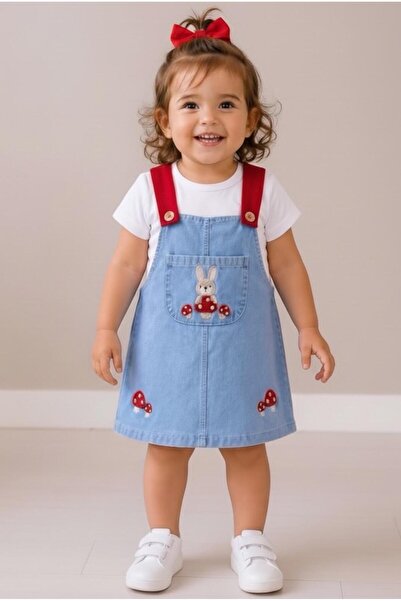 ALTINTAŞ BABY Rabbit Mushroom Embroidered Knitted Denim Fabric Salopet and T-...