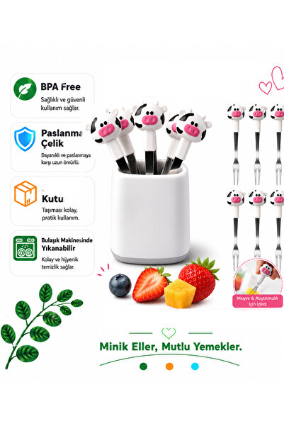 jojobebek Cow Figured Fruit Fork Set 6-Piece Stainless Steel Children's Mini ...