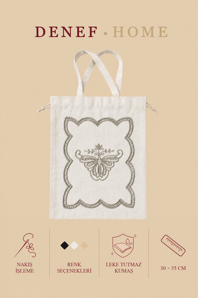 Denef Home Kelebek - Çok Amaçlı Çanta Delik İşi Bej - 30x35 cm 1 Adet