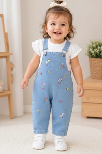 ALTINTAŞ BABY Renkli Çiçek Nakışlı Kot Görünümlü Örme Kumaş Yazlık T-shirt 2l...