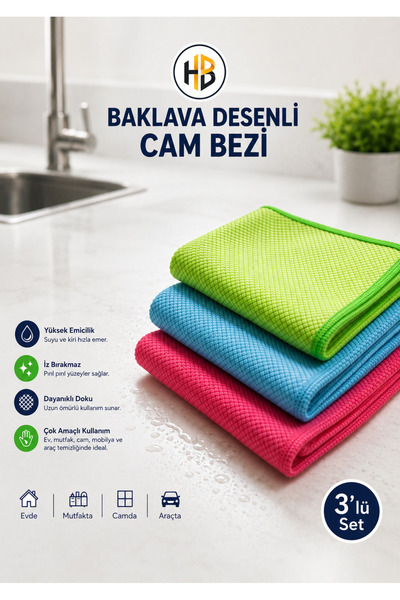 HOBİLON (3 Adet) Mikrofiber 40×40 Baklava Desenli Polyamidli Cam ve Genel Mut...