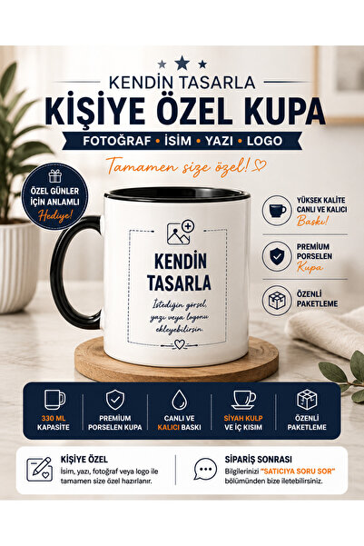cekud tasarım baskı Kendin Tasarla - Siyah Kulplu ve İç Kısımlı Porselen Kupa...