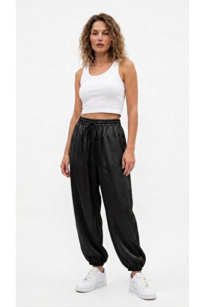 MONAMORE Women's Shalwar Cut Satin Trousers with Elastic Cords at the Legs an...