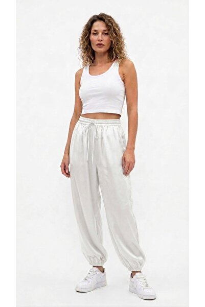 MONAMORE Women's White Satin Shalwar Trousers with Elastic Cords at the Legs ...