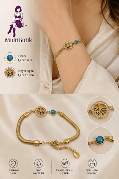 Generic Brand Zircon Stone Tree of Life Model Turquoise Steel Bracelet