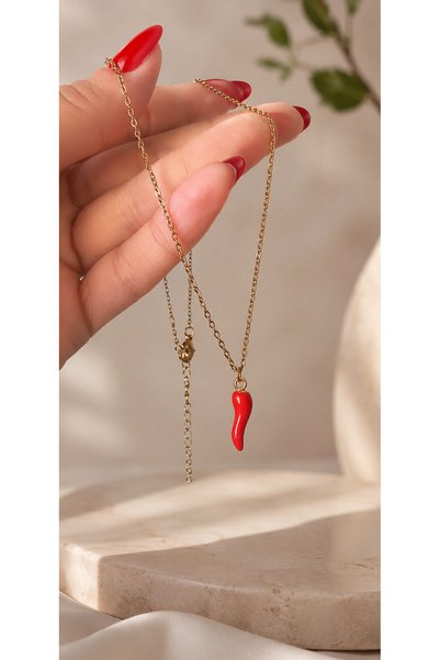 BNG AKSESUAR Red Pepper Luck Necklace with Steel Chain and Gold Detail for Women