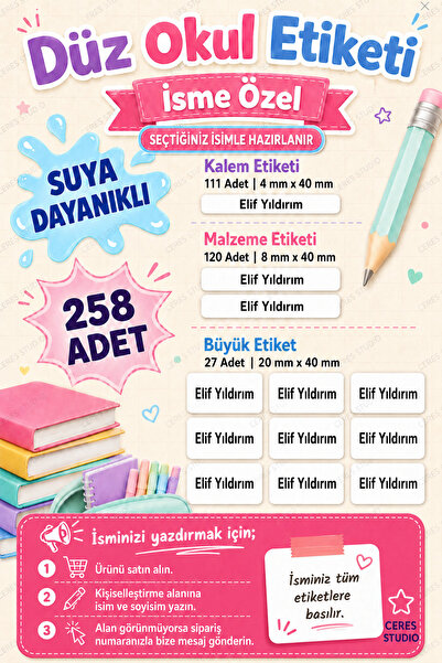 Ceres Studio Düz Beyaz İsimli Kişiye Özel Suya Dayanıklı Okul Etiketi – 258 A...