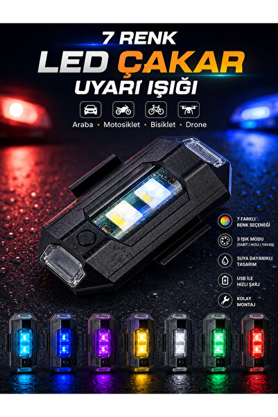 Noury 7 Renk LED Çakar Uyarı Işığı USB Şarjlı – Araba Motosiklet Bisiklet Dro...