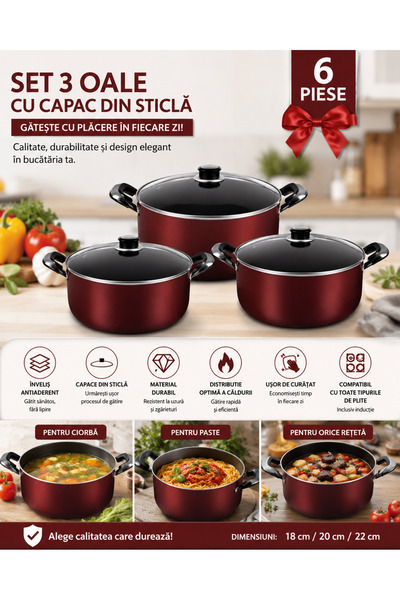 Generic Brand Set 3 Oale Antiaderente Duoguo cu Capace Sticla (18/20/22 cm), ...