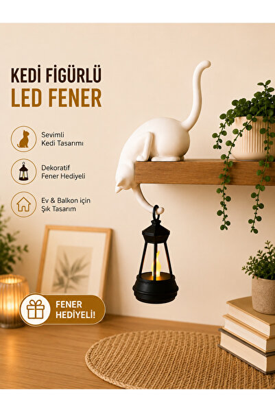 Filkorium3D Askılı Kedi Raf Dekoru 24 cm - LED Fenerli Minimalist Salon, Balk...