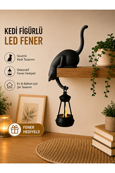 Filkorium3D Askılı Kedi Raf Dekoru 24 cm - LED Fenerli Minimalist Salon, Balk...