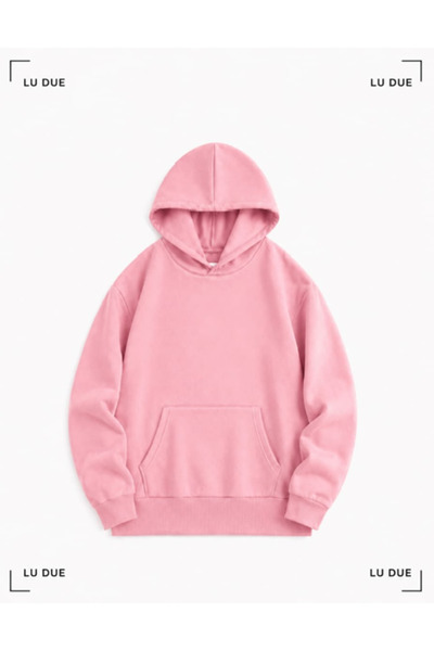 LU DUE Unisex Tasarım Düz Renk Baskısız Kapşonlu Yumuşak Dokulu 3 İplik Overs...