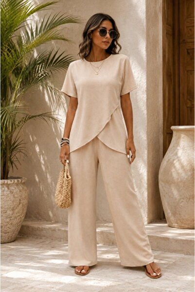 DRESSIFY WOMEN’S FASHION Γυναικείο κοντομάνικο σετ με ασύμμετρη κοπή και λεπτ...