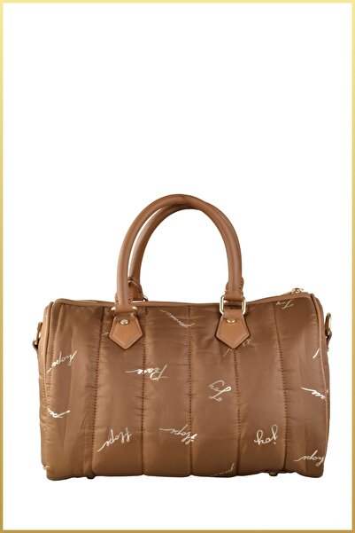 birizmoda Strins Women's Written Striped Quilted Pattern Travel Bag - Tan