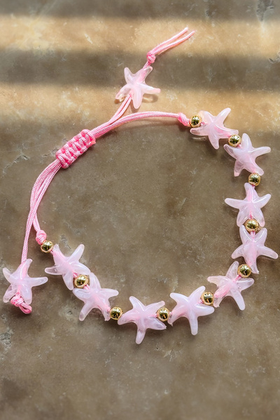 Dore Collection Pink Starfish Figured Gold Beaded Adjustable Rope Bracelet