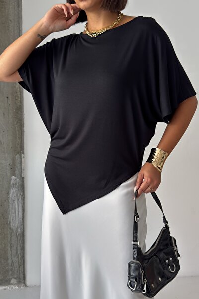 CrepTekstil Crep Women's Viscose Fabric Draped Bat Sleeve Asymmetrical Loose ...