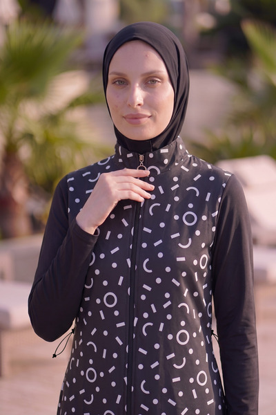 LEOMA Fully Covered 3-Piece Patterned Hijab Swimsuit with Adjustable Waist an...