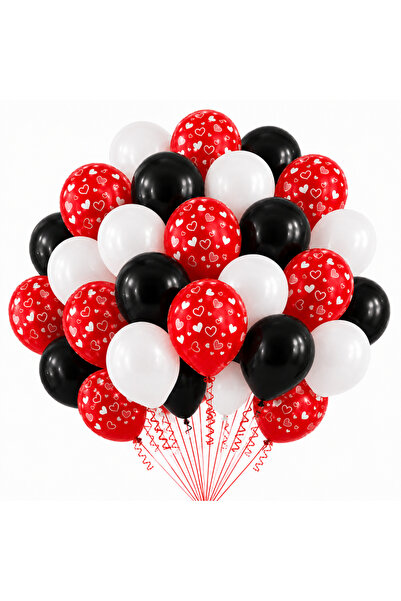 Ropet Set 100 Baloane Latex Rosu, Alb si Negru, Cu Inimioare, 30 cm,