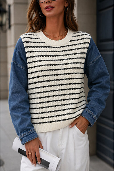 EGEMS Women's Striped Sweater with Denim Sleeve Detail