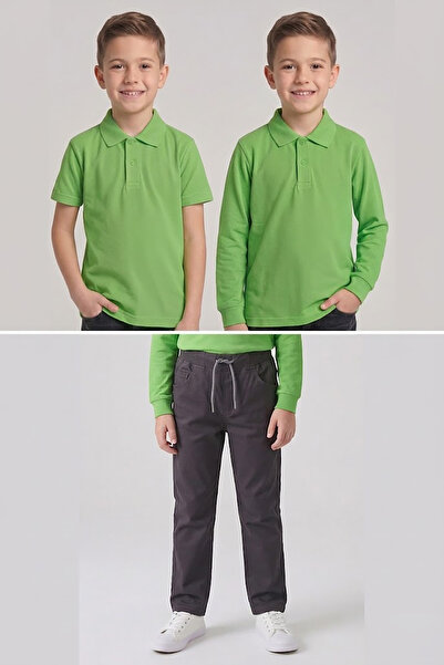nacar çarşı Boy's School Green Long and Short Sleeve Polo Collar T-Shirt Smok...