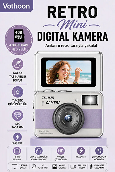 Vothoon Retro Mini Dijital Kamera 1080P 1.47 İnç Flip Ekranlı Flaşlı Selfie V...