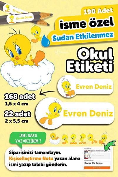MSticker 190 Adet Kişiye Özel Okul Etiketi İsimli Kalem Defter Suluk Etiket Dayanıklı Etiket Tweety