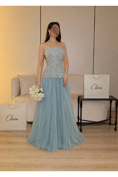 Calissa Store فستان سهرة نسائي سماوي فاخر بتطريز فضي وتنورة شيفون بليسيه – بد...