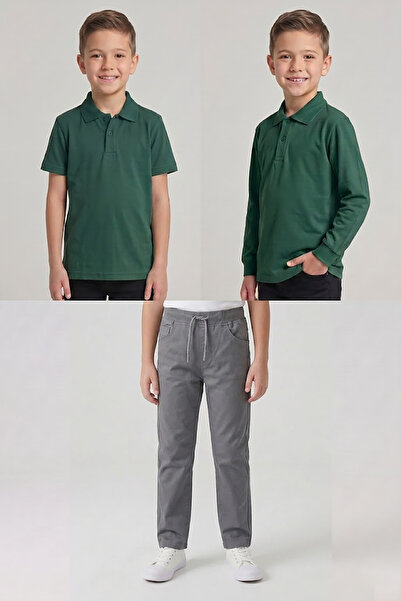 nacar çarşı Boys' School Nefti Green Long and Short Sleeve Polo Collar T-Shir...