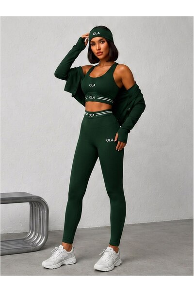 TrendButikBurada Kadın 3'lü Spor Takımı - Bandana Hediyeli - Fermuarlı Crop C...
