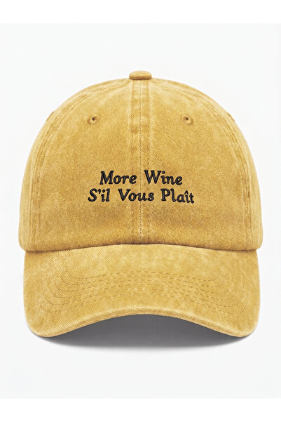 ŞapkaMania More Wine S'Il Vous Plais - Written Yellow Washed Vintage Baseball...