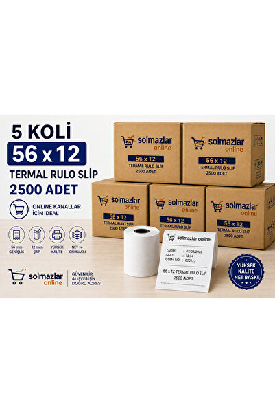 Solmazlar Online 56x12 Termal Rulo Slip 2500 Adet – POS Yazarkasa Fiş Rulosu ...