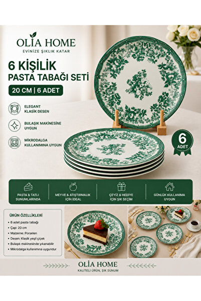 OLİAHOME Olia Home 6 Kişilik 6 Parça 20 cm Pasta Tabağı Seti – Zarif Çiçek De...
