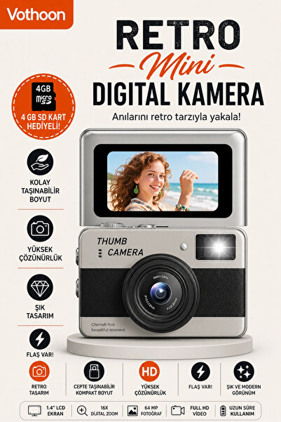 Vothoon Retro Mini Dijital Kamera 1080P 1.47 İnç Flip Ekranlı Flaşlı Selfie V...