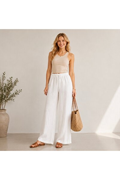 SheLoria Women's White Belted Elastic Waist Comfortable Cut Palazzo Linen Tro...