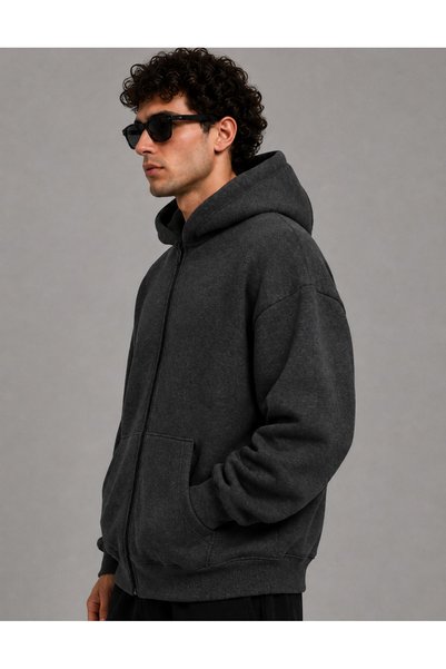 Deep sense Men's Black Hooded Zip-Up Oversized Brushed Inside Printed Sweatshirt Winter School Cardigan