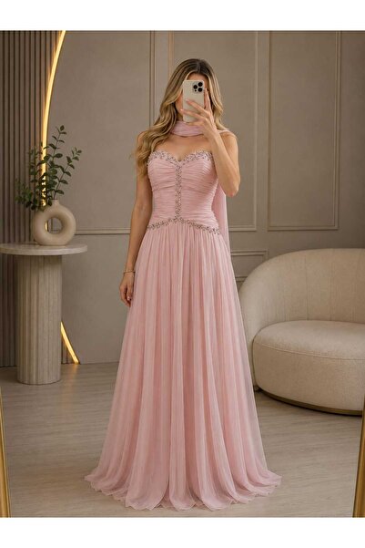 antil fashion فستان سهرة نسائي وردي طويل بتطريز وأحجار لامعة