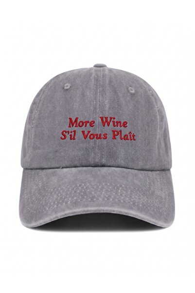 ŞapkaMania More Wine S'Il Vous Plais - Written Gray Washed Vintage Baseball Cap
