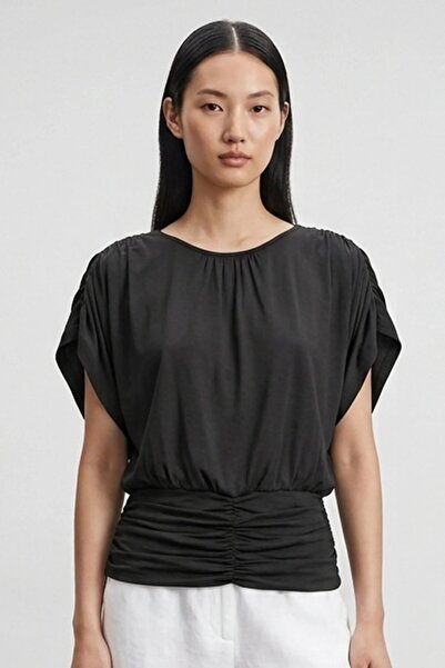 comstar Women's Gathered Draped Short Sleeve Black Stylish Blouse
