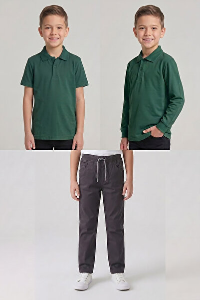 nacar çarşı Boys' School Nefti Green Long and Short Sleeve Polo Collar T-Shir...