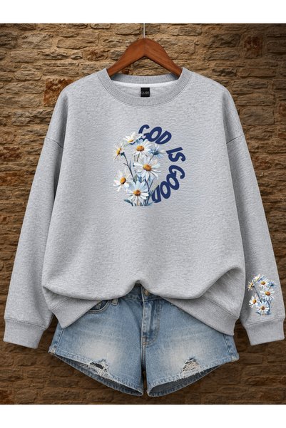 ESADE سويت شيرت نسائي من God Is Flower مطبوع عليه رسومات مطبوعة وقصة مريحة وي...