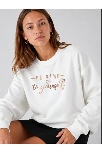 ESADE Kadın Be Kind Yourseld Yazılı Rahat Kalıp Bisiklet Yaka Beyaz Sweatshirt